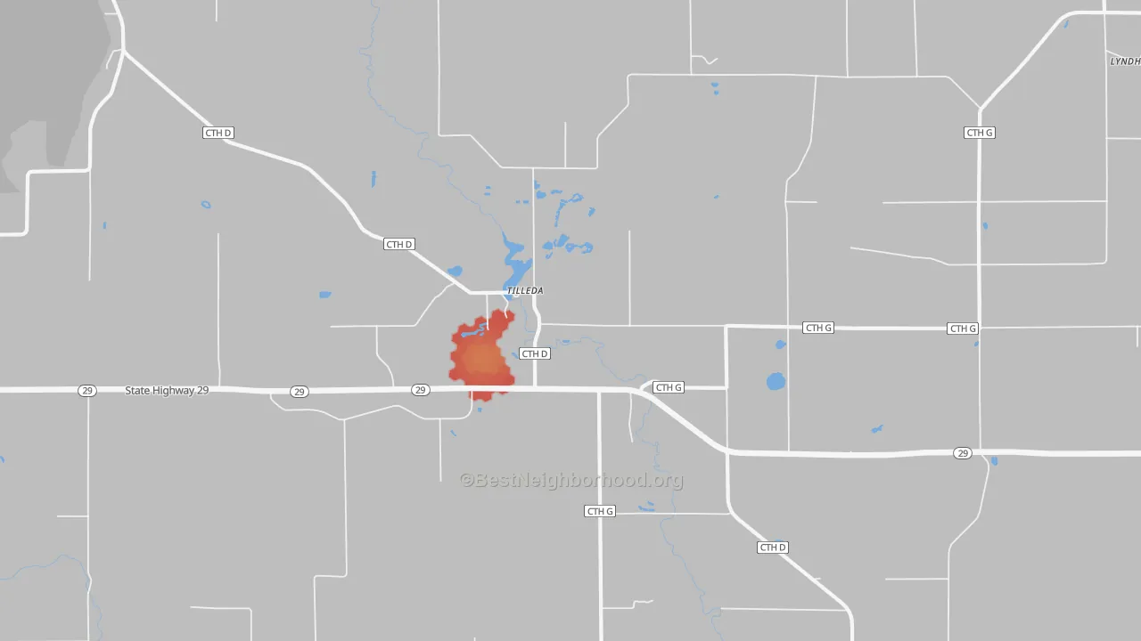 Walk Grade map of Tilleda, WI, walkable areas in green and car-dependent areas in red