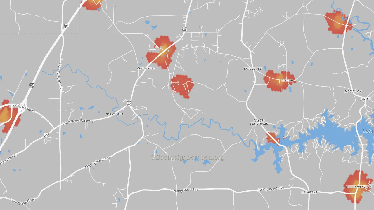 Walk Grade map of Tillery Crossroads, AL, walkable areas in green and car-dependent areas in red