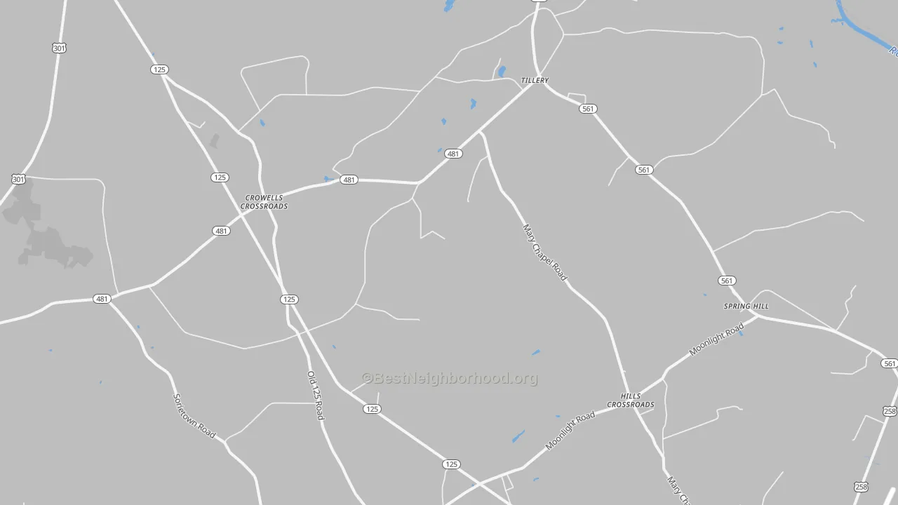 Walk Grade map of Tillery, NC, walkable areas in green and car-dependent areas in red