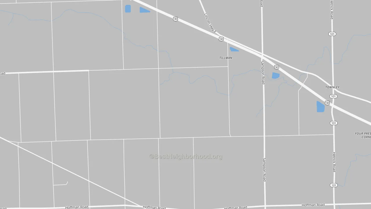 Walk Grade map of Tillman, IN, walkable areas in green and car-dependent areas in red
