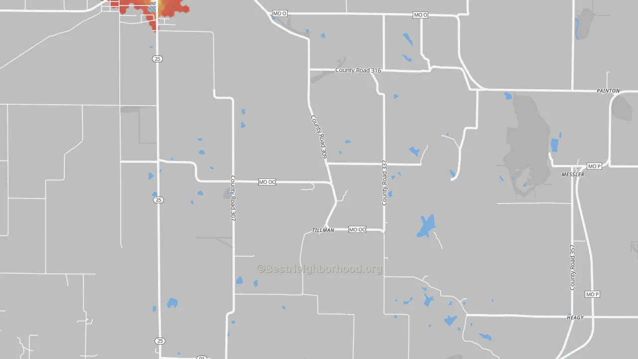 Walk Grade map of Tillman, MO, walkable areas in green and car-dependent areas in red