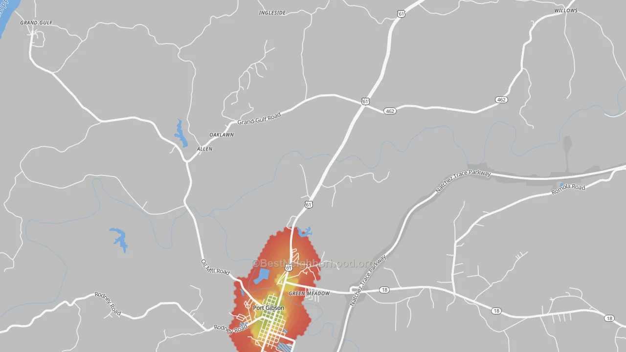 Walk Grade map of Tillman, MS, walkable areas in green and car-dependent areas in red