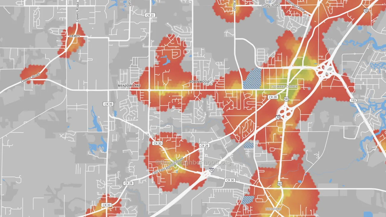 Walk Grade map of Tillmans Corner, AL, walkable areas in green and car-dependent areas in red