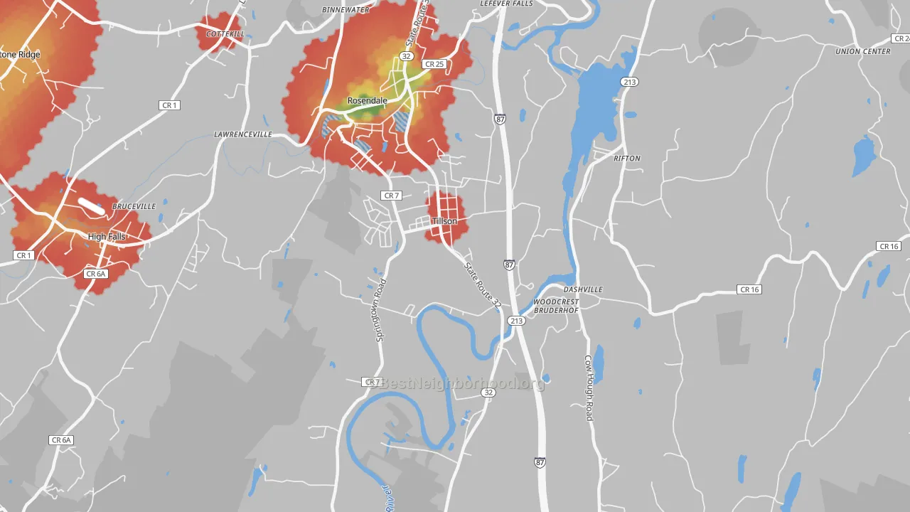 Walk Grade map of Tillson, NY, walkable areas in green and car-dependent areas in red