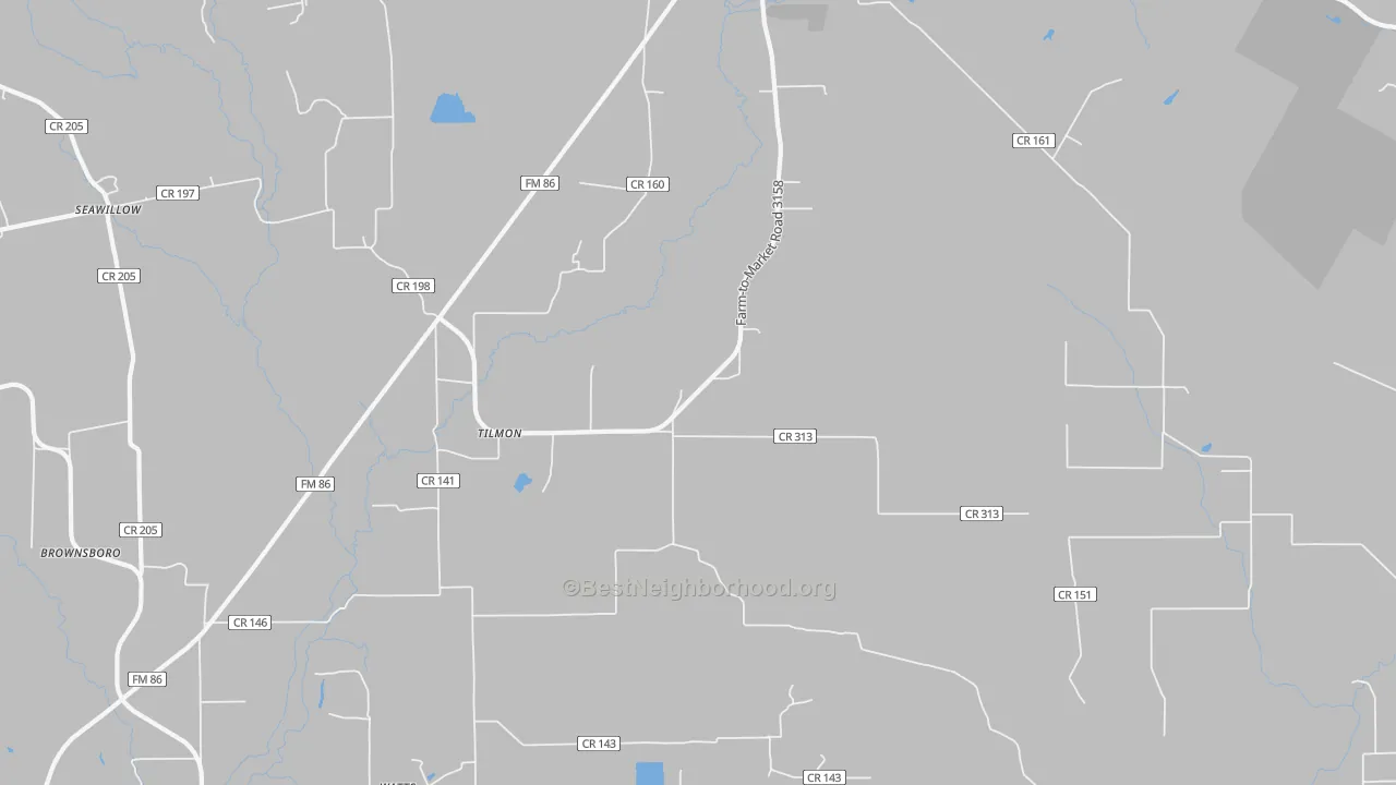 Walk Grade map of Tilmon, TX, walkable areas in green and car-dependent areas in red