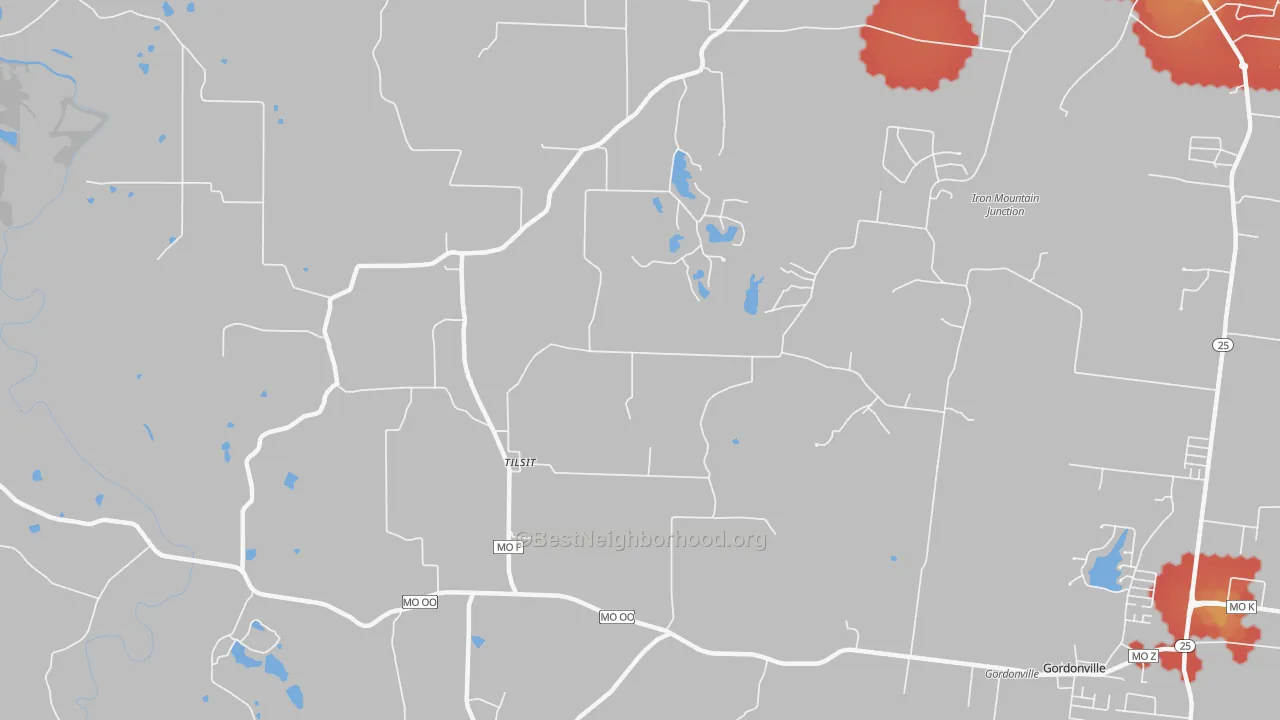 Walk Grade map of Tilsit, MO, walkable areas in green and car-dependent areas in red