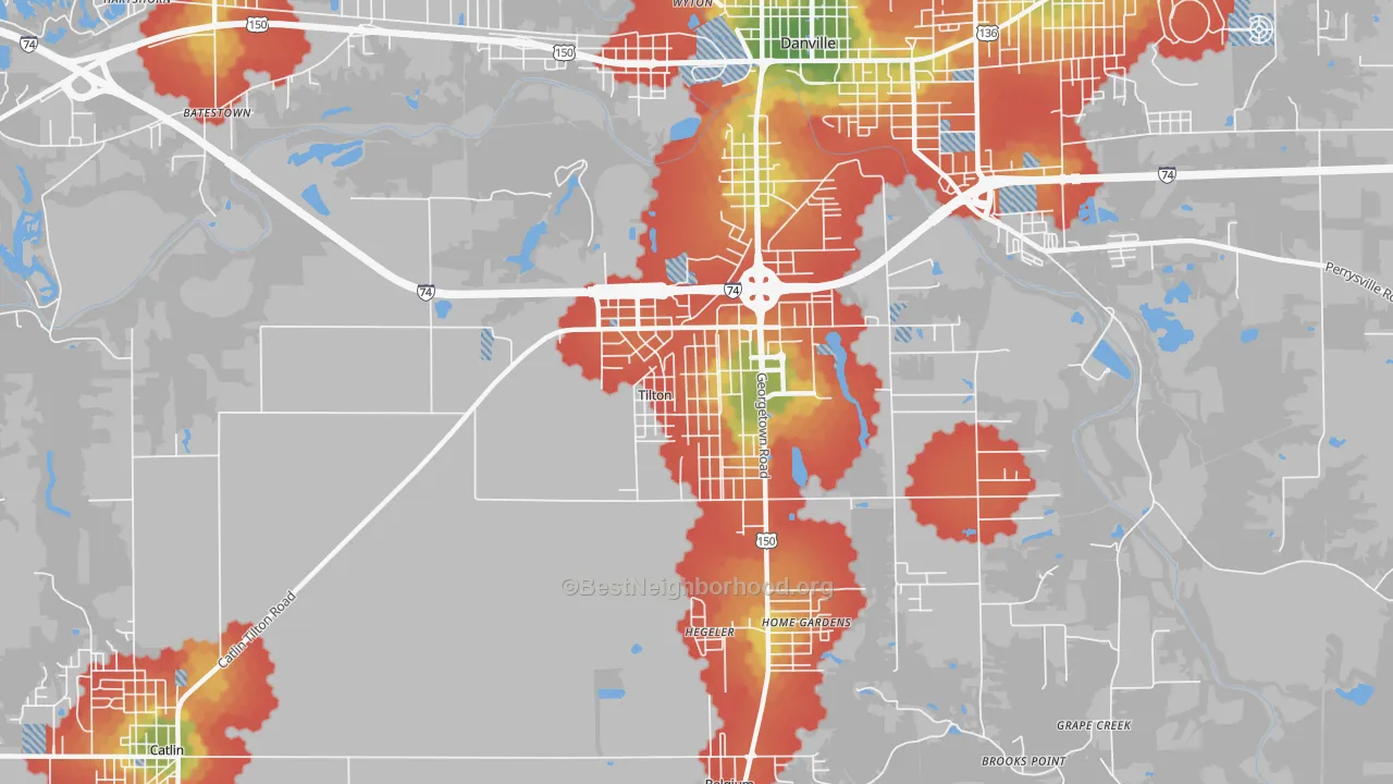 Walk Grade map of Tilton, IL, walkable areas in green and car-dependent areas in red