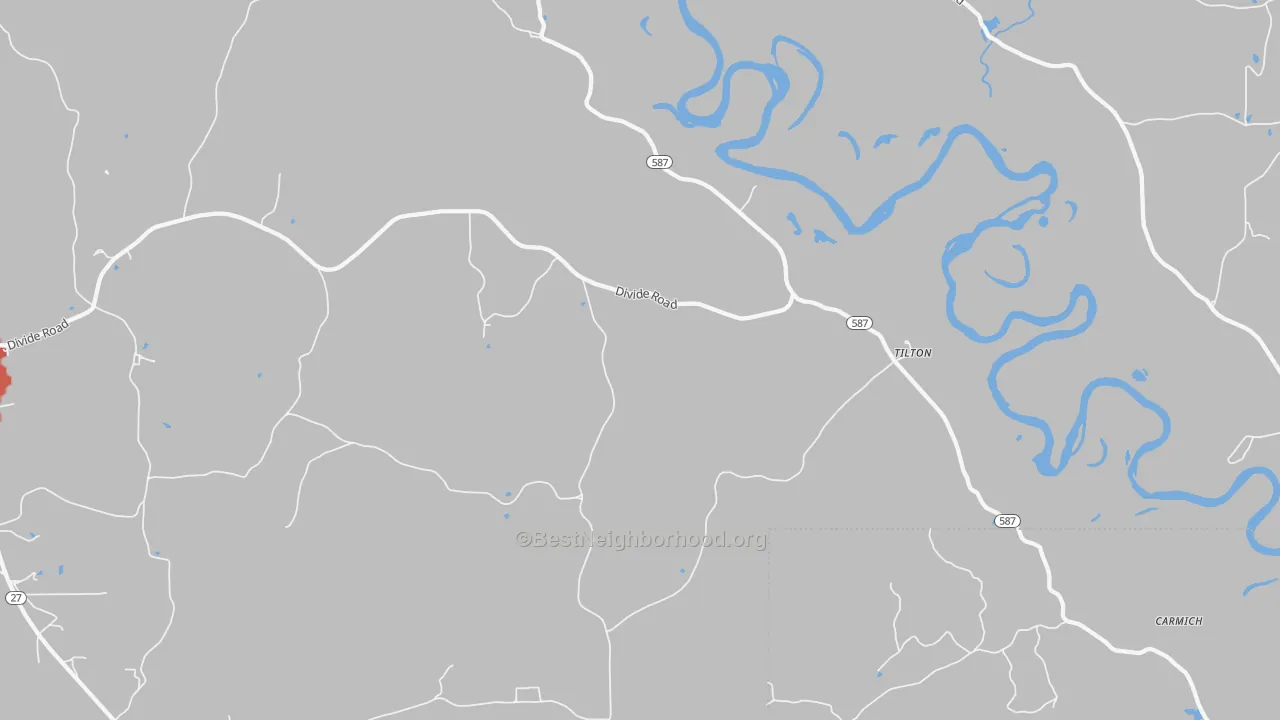 Walk Grade map of Tilton, MS, walkable areas in green and car-dependent areas in red