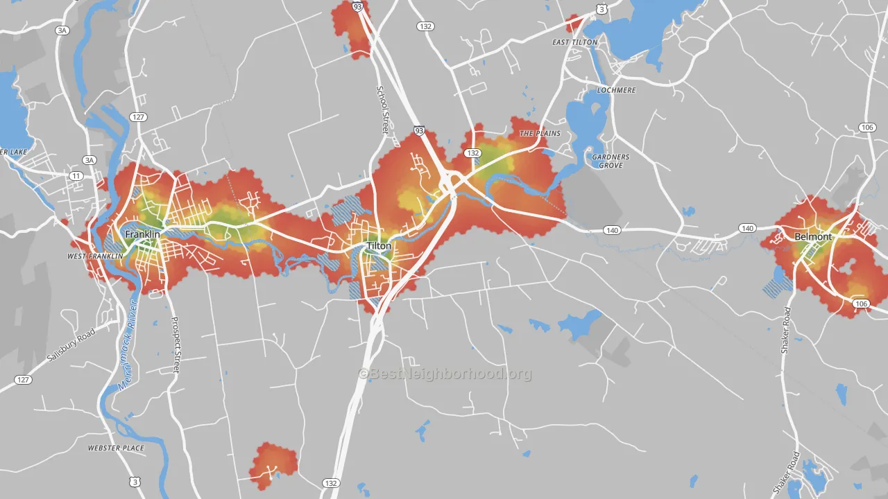 Walk Grade map of Tilton, NH, walkable areas in green and car-dependent areas in red