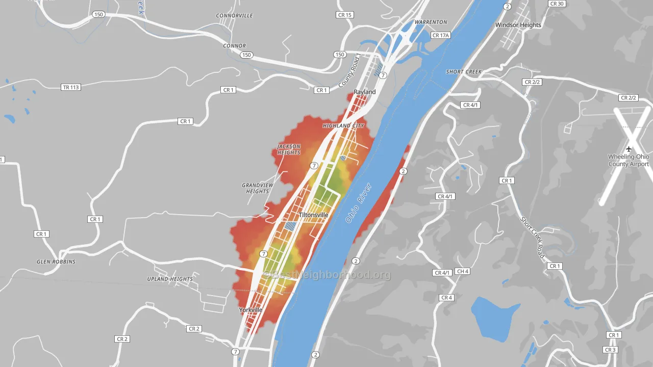 Walk Grade map of Tiltonsville, OH, walkable areas in green and car-dependent areas in red