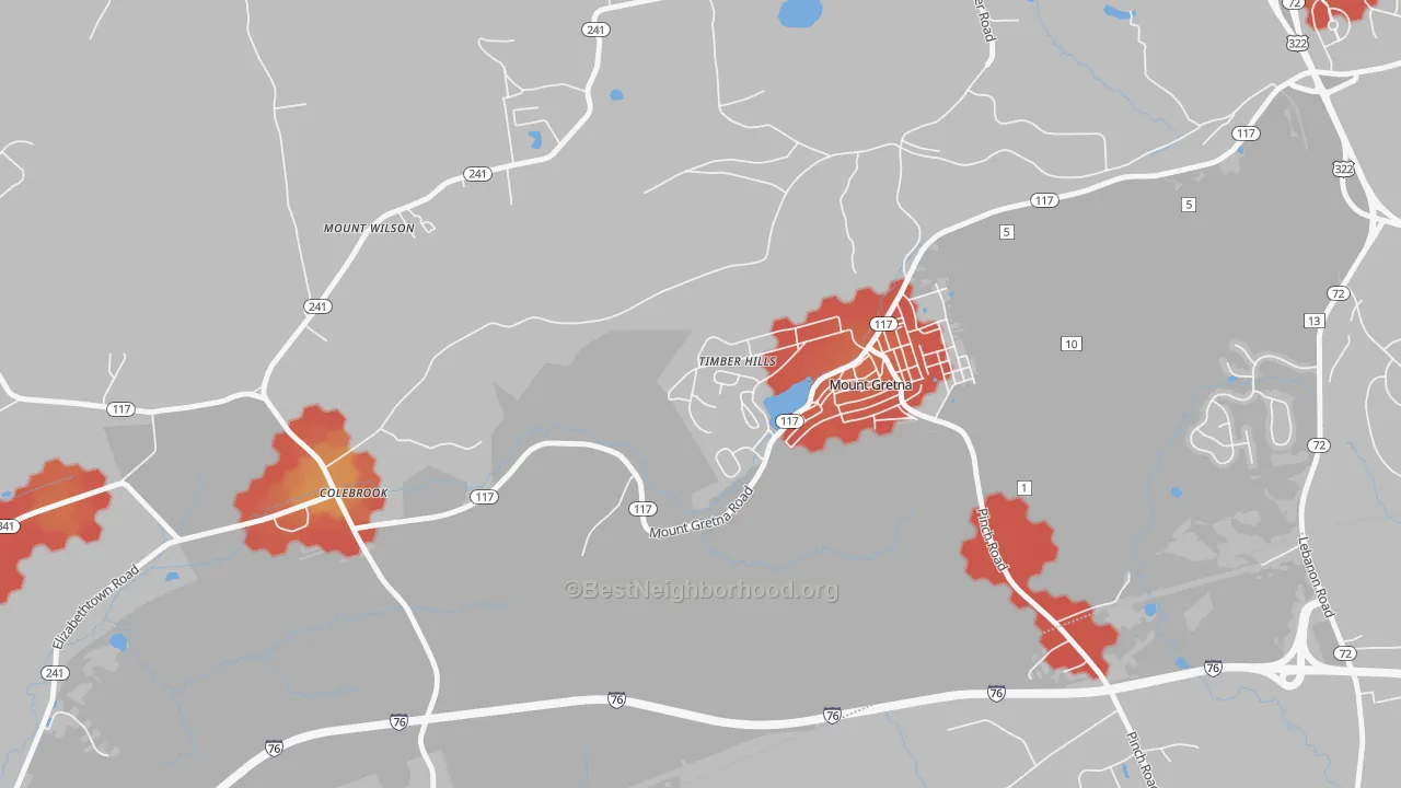 Walk Grade map of Timber Hills, PA, walkable areas in green and car-dependent areas in red