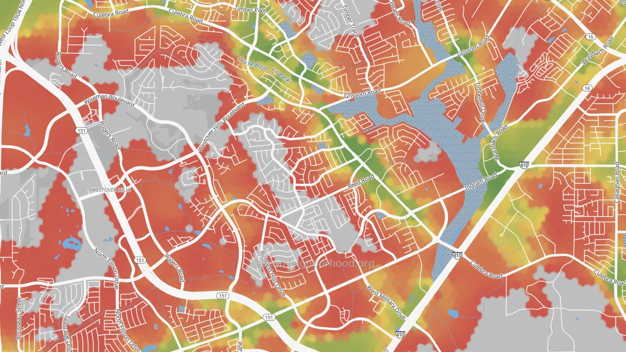 Walk Grade map of Timber Ridge, San Antonio, TX, walkable areas in green and car-dependent areas in red