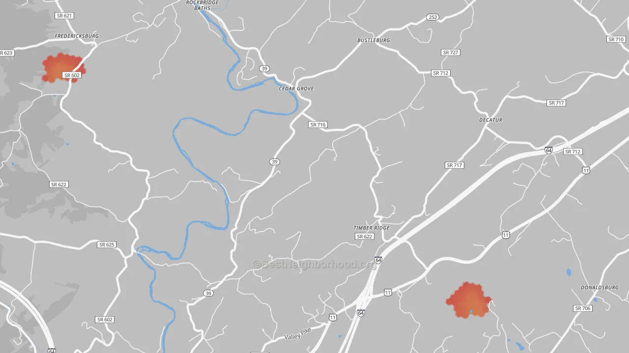 Walk Grade map of Timber Ridge, VA, walkable areas in green and car-dependent areas in red