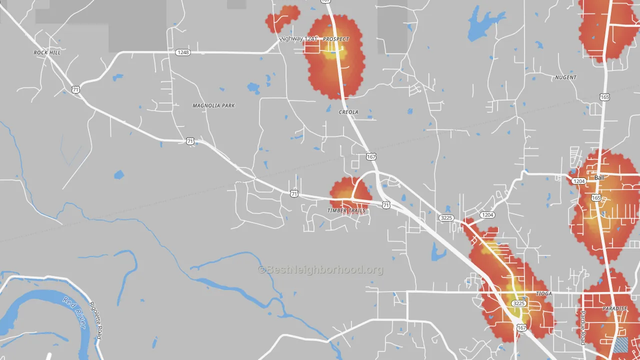 Walk Grade map of Timber Trails, LA, walkable areas in green and car-dependent areas in red