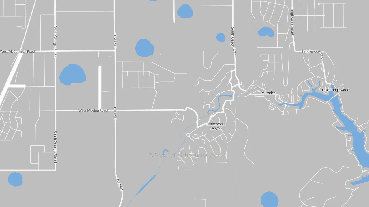 Walk Grade map of Timbercreek Canyon, TX, walkable areas in green and car-dependent areas in red