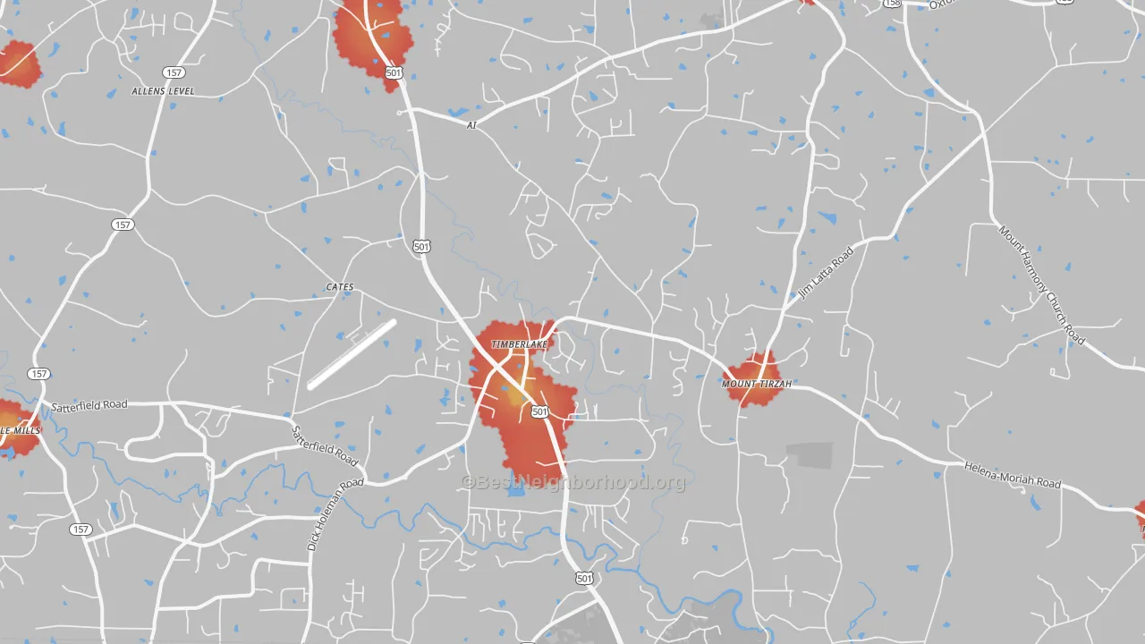 Walk Grade map of Timberlake, NC, walkable areas in green and car-dependent areas in red