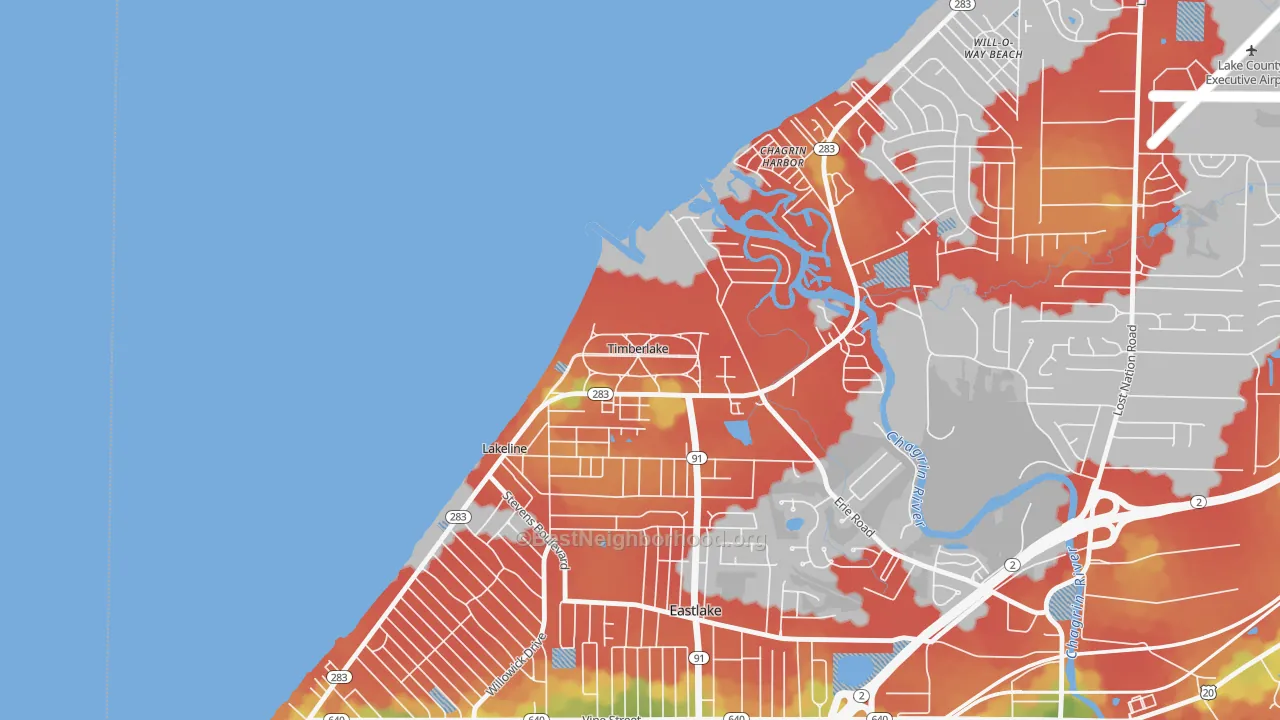Walk Grade map of Timberlake, OH, walkable areas in green and car-dependent areas in red