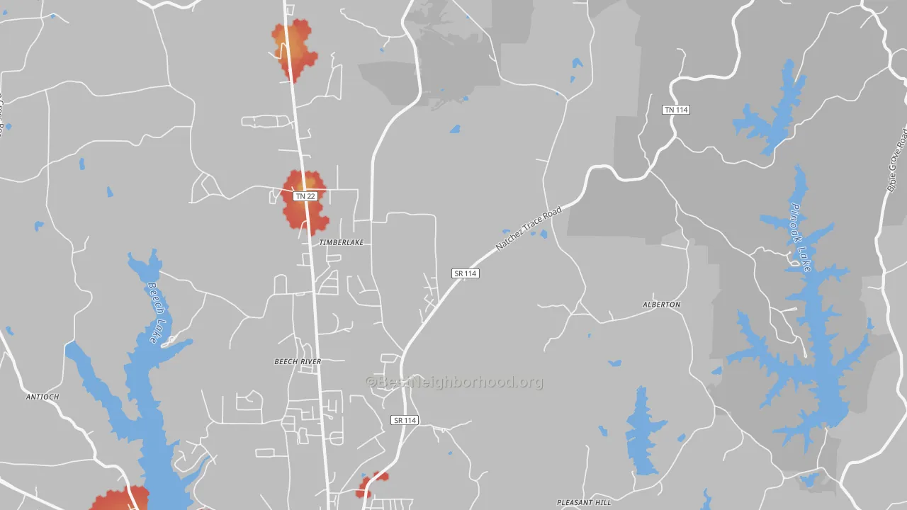 Walk Grade map of Timberlake, TN, walkable areas in green and car-dependent areas in red