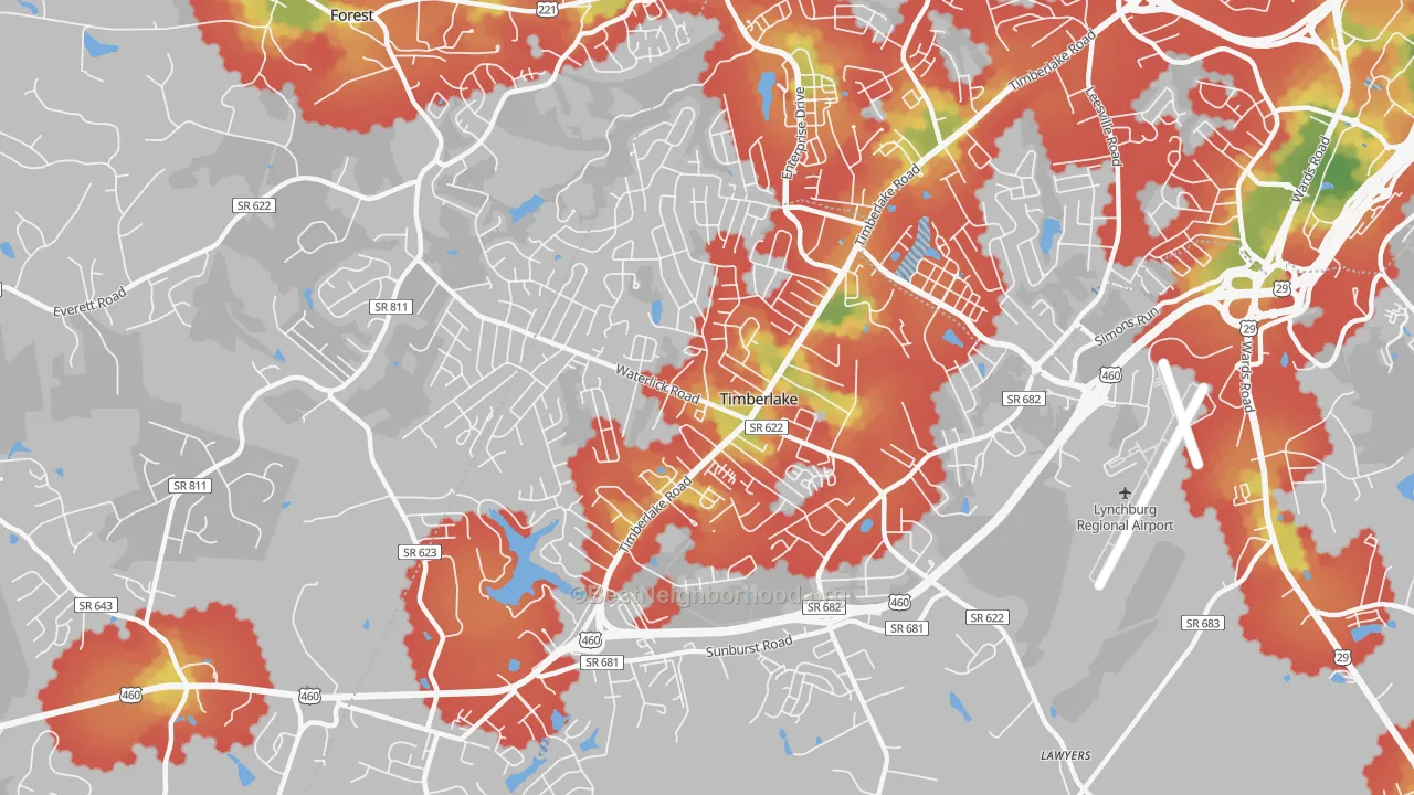 Walk Grade map of Timberlake, VA, walkable areas in green and car-dependent areas in red