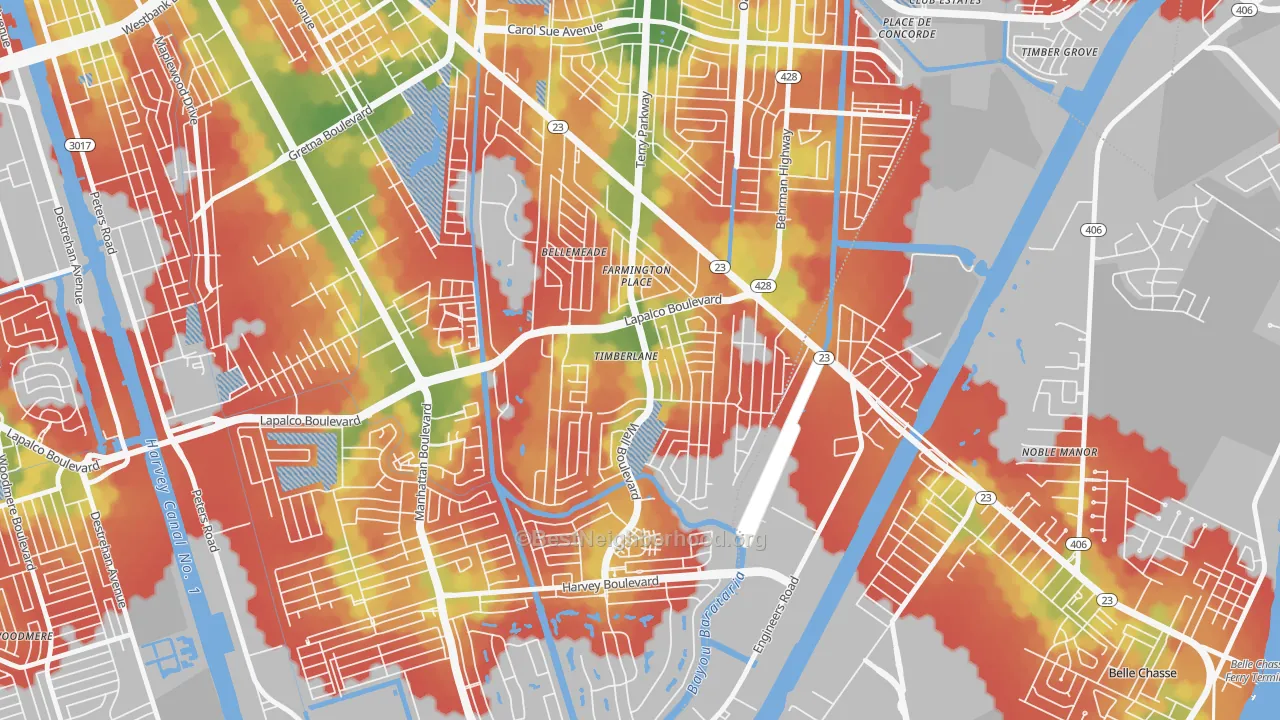 Walk Grade map of Timberlane, LA, walkable areas in green and car-dependent areas in red