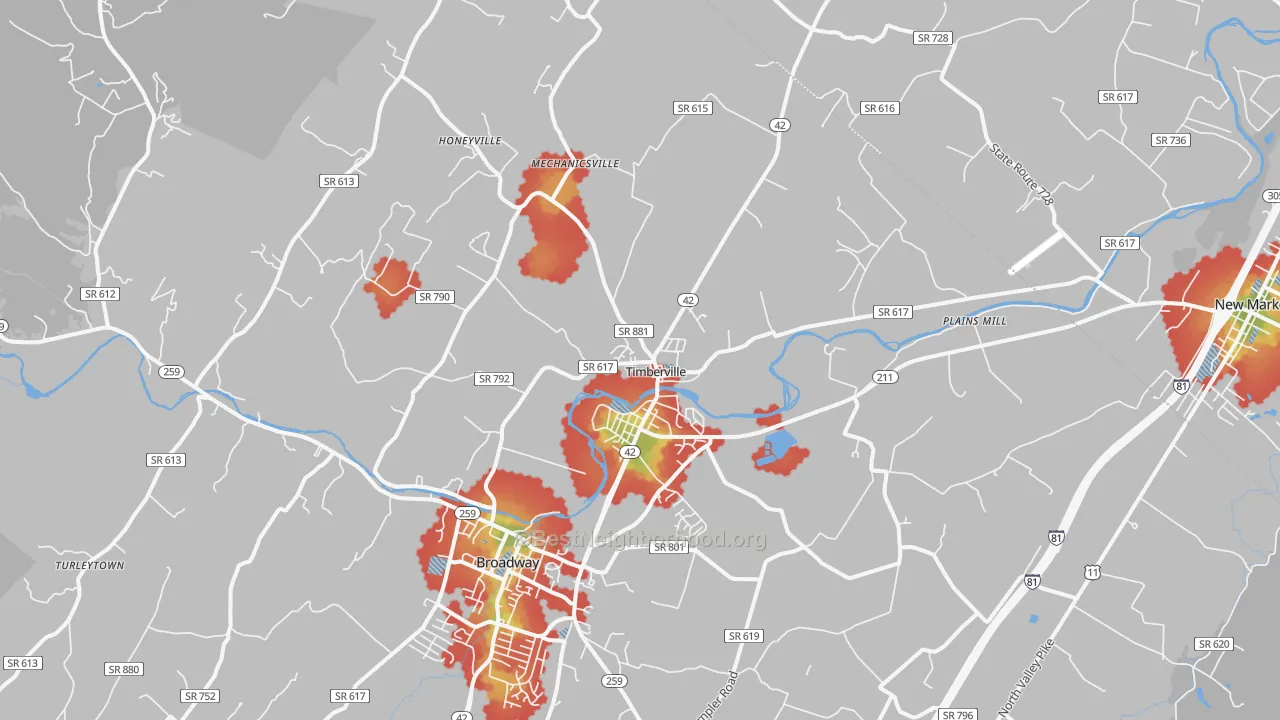 Walk Grade map of Timberville, VA, walkable areas in green and car-dependent areas in red
