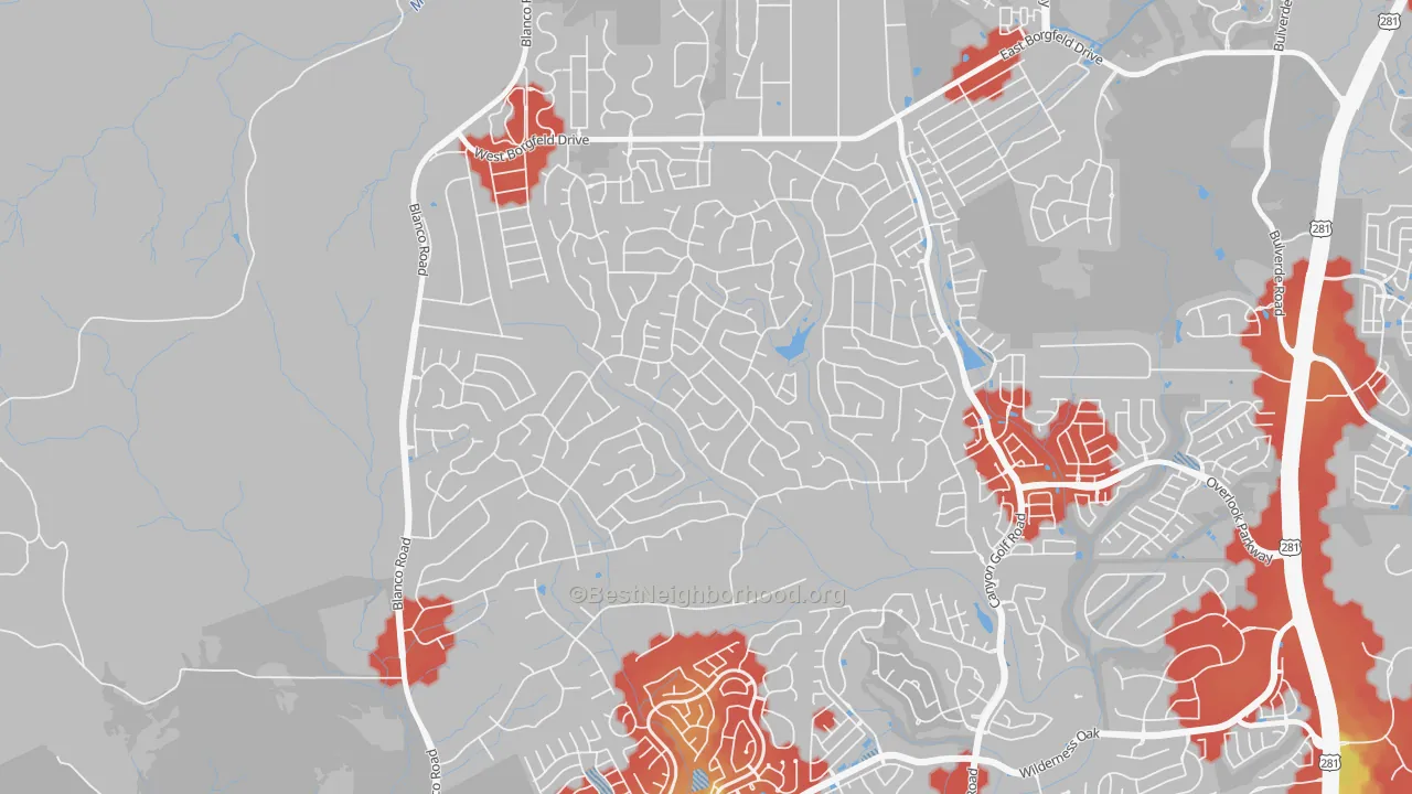 Walk Grade map of Timberwood Park, San Antonio, TX, walkable areas in green and car-dependent areas in red