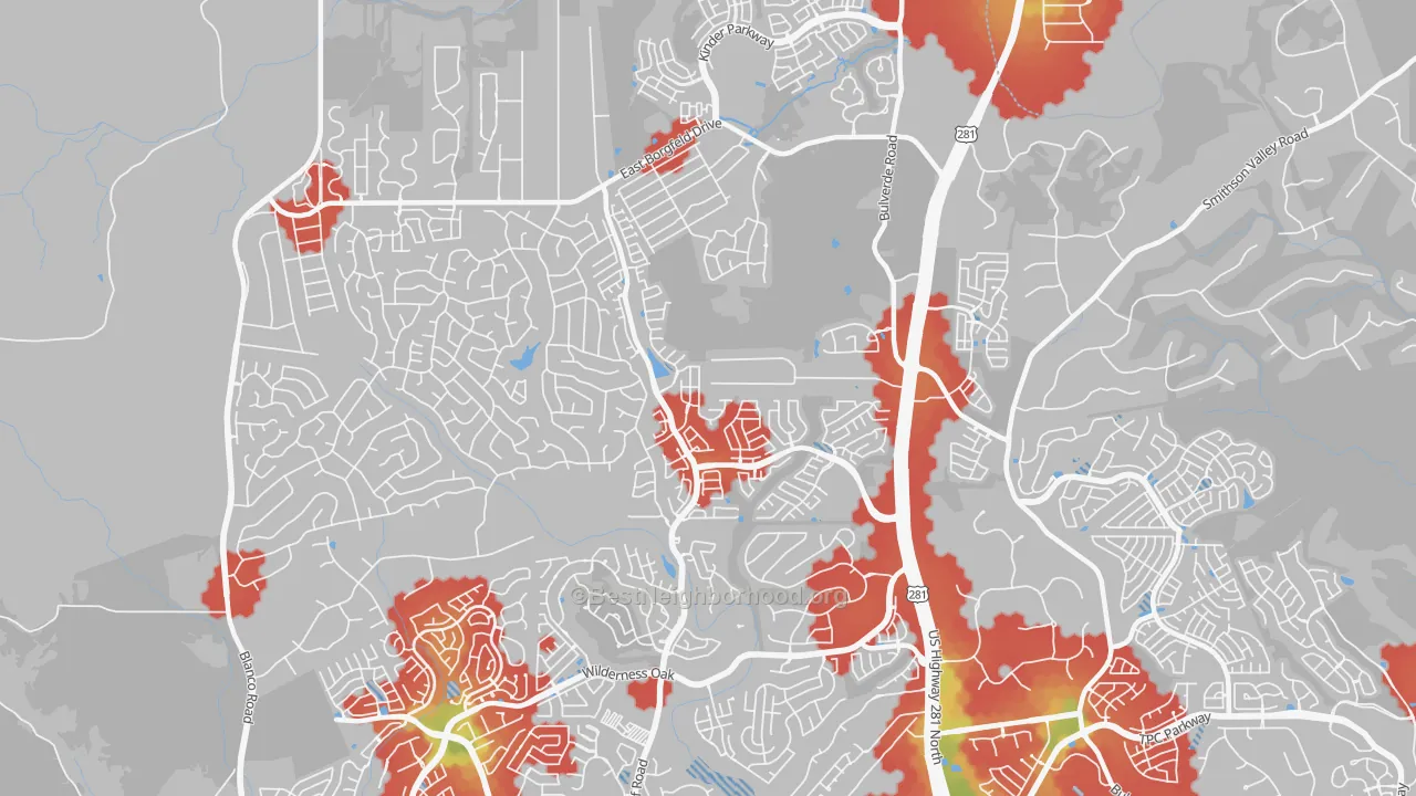 Walk Grade map of Timberwood Park, TX, walkable areas in green and car-dependent areas in red