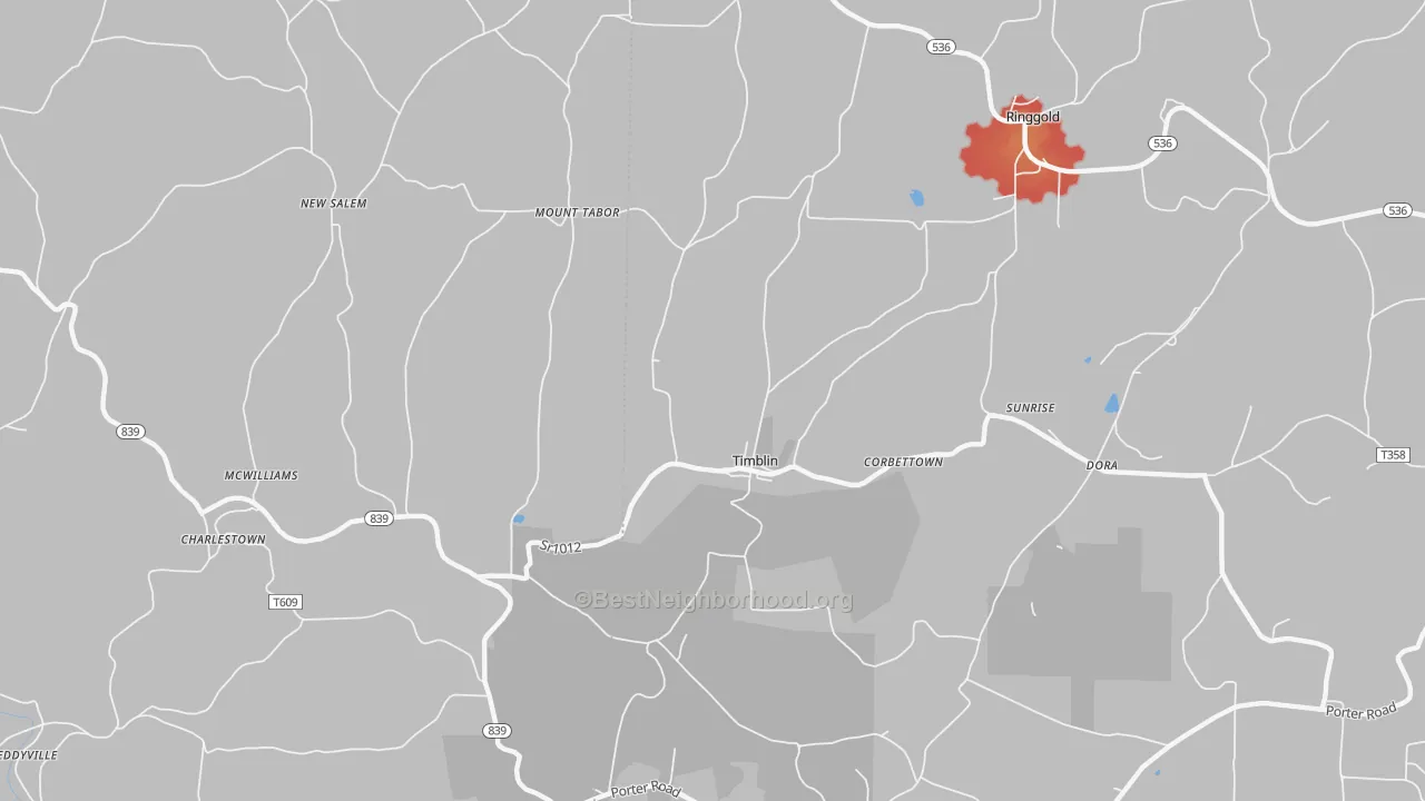Walk Grade map of Timblin, PA, walkable areas in green and car-dependent areas in red