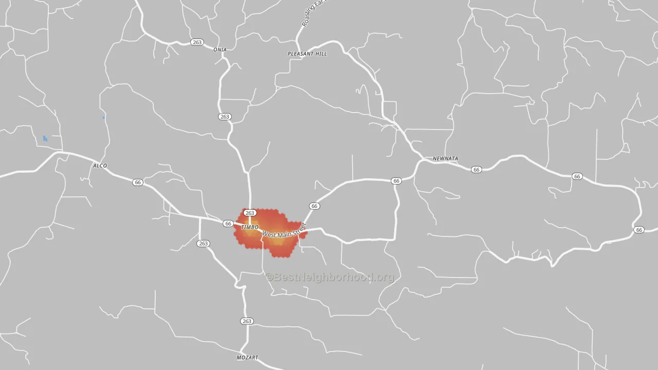 Walk Grade map of Timbo, AR, walkable areas in green and car-dependent areas in red