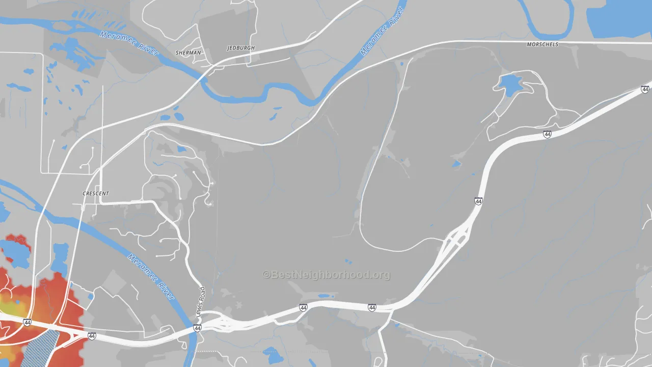 Walk Grade map of Times Beach, MO, walkable areas in green and car-dependent areas in red