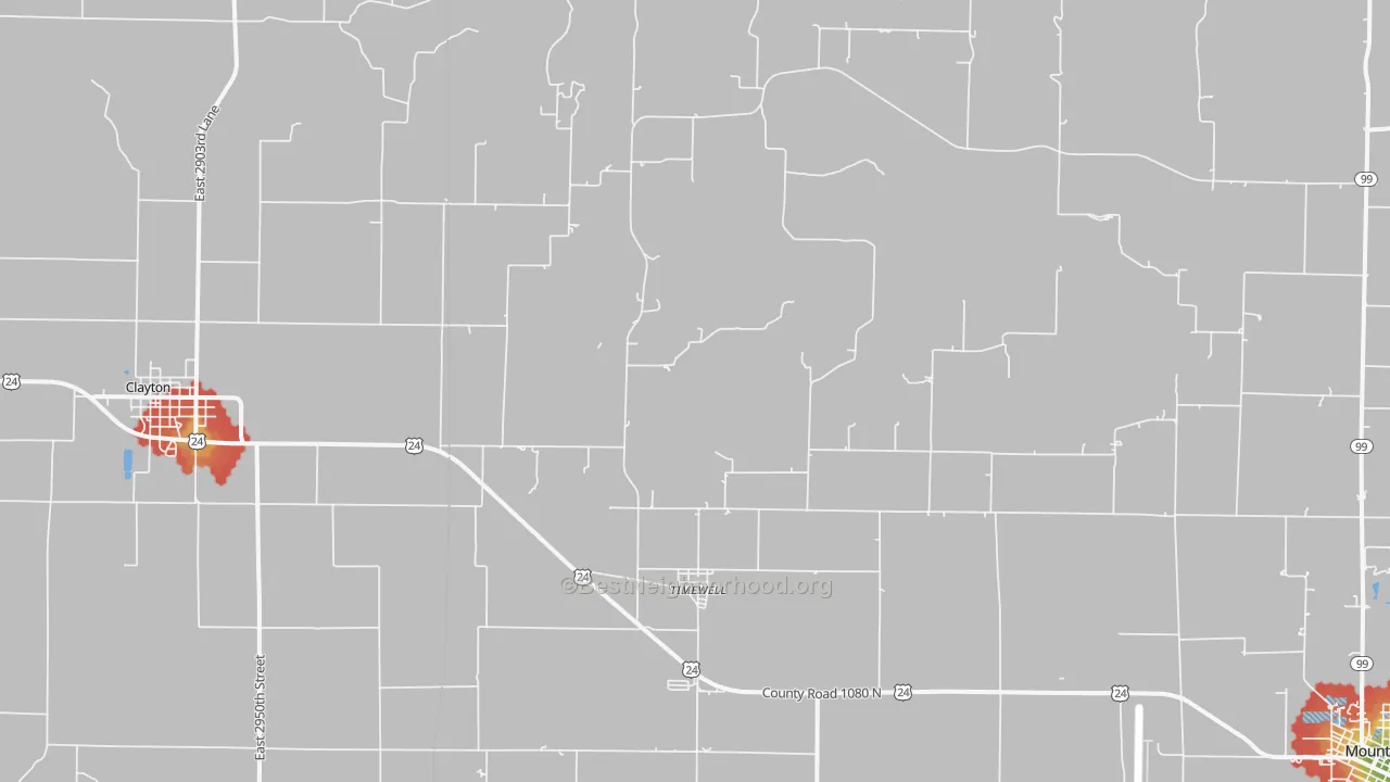 Walk Grade map of Timewell, IL, walkable areas in green and car-dependent areas in red