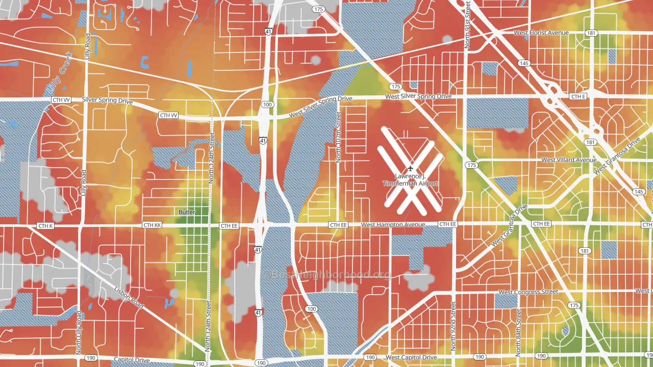 Walk Grade map of Timmerman West, Milwaukee, WI, walkable areas in green and car-dependent areas in red
