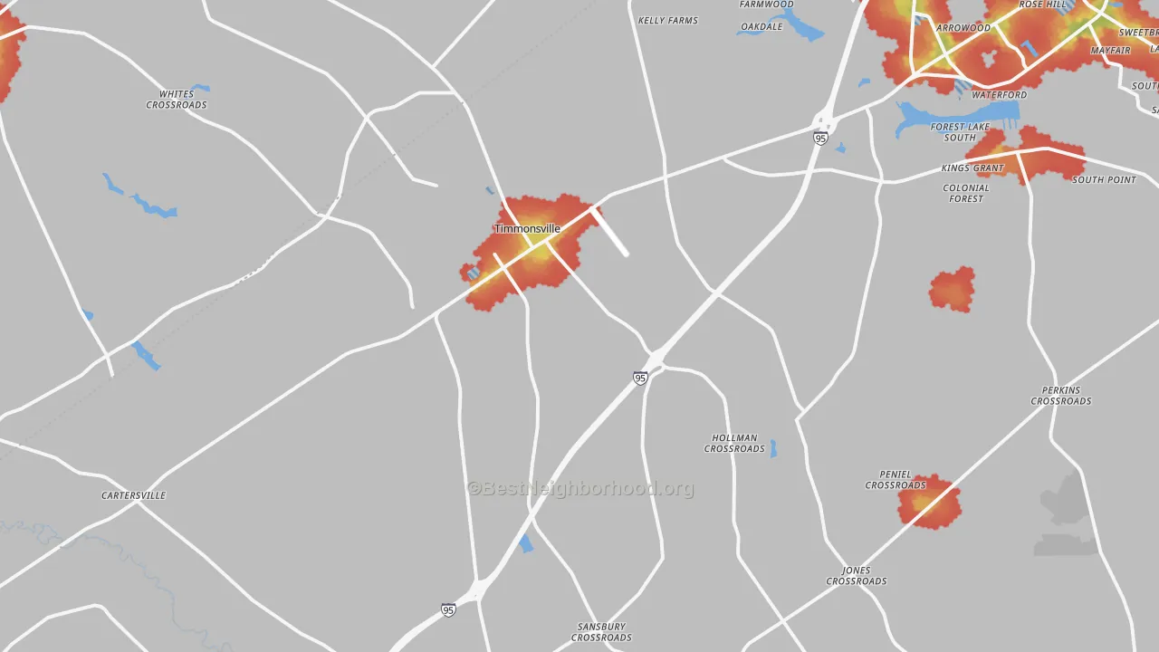 Walk Grade map of Timmonsville, SC, walkable areas in green and car-dependent areas in red