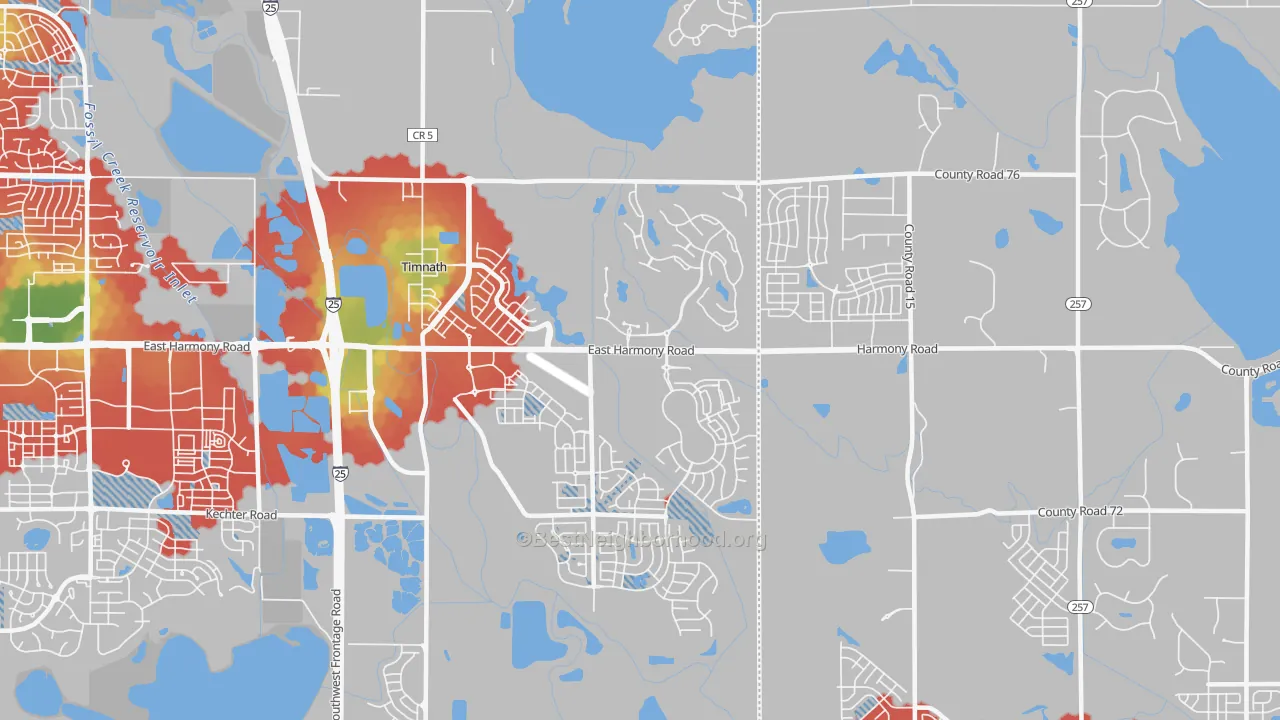 Walk Grade map of Timnath, CO, walkable areas in green and car-dependent areas in red