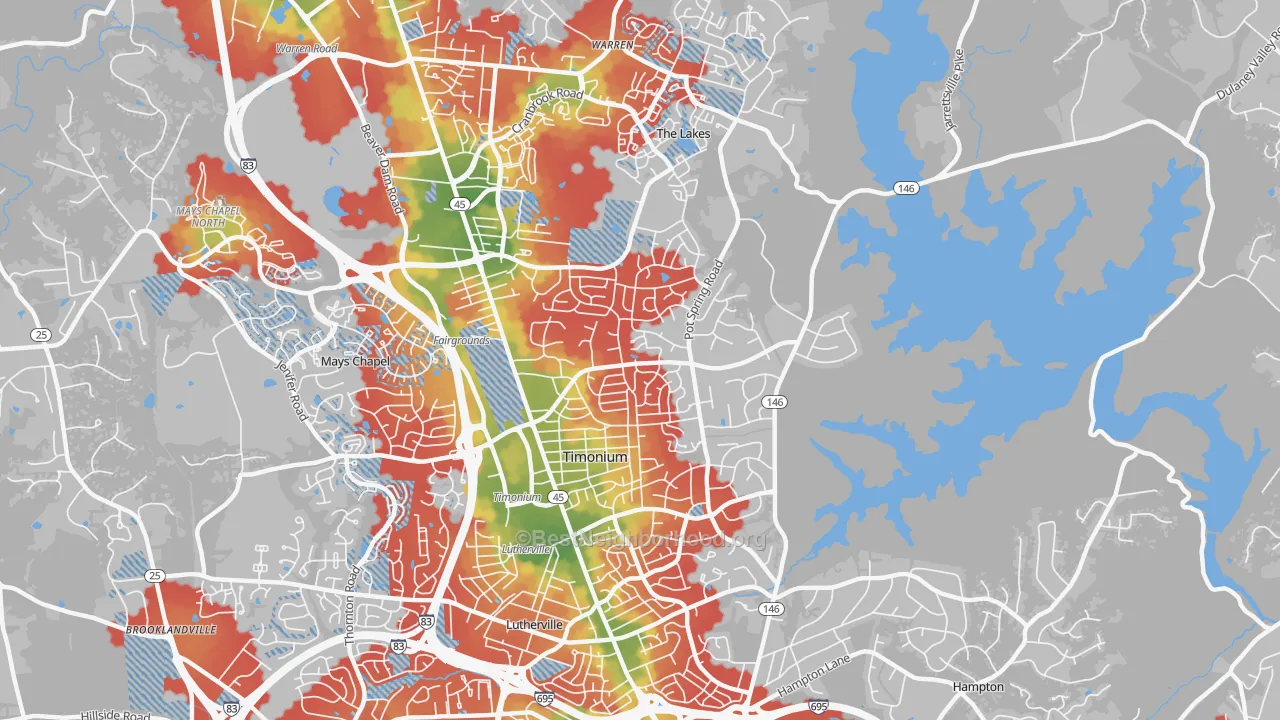 Walk Grade map of Timonium, MD, walkable areas in green and car-dependent areas in red