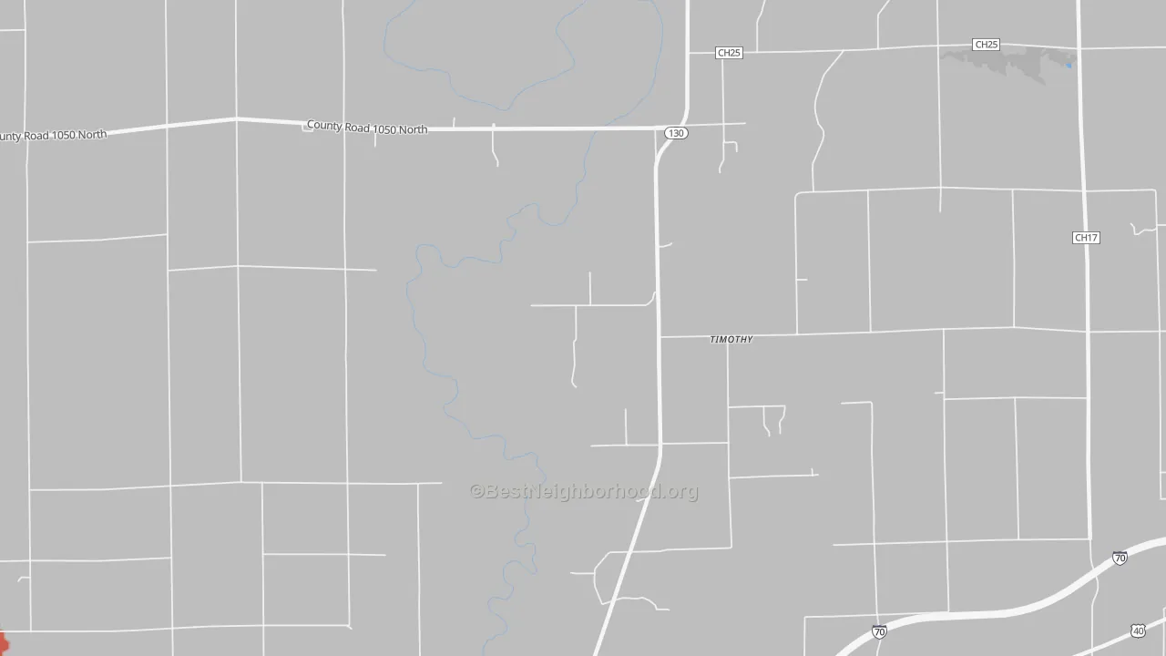 Walk Grade map of Timothy, IL, walkable areas in green and car-dependent areas in red