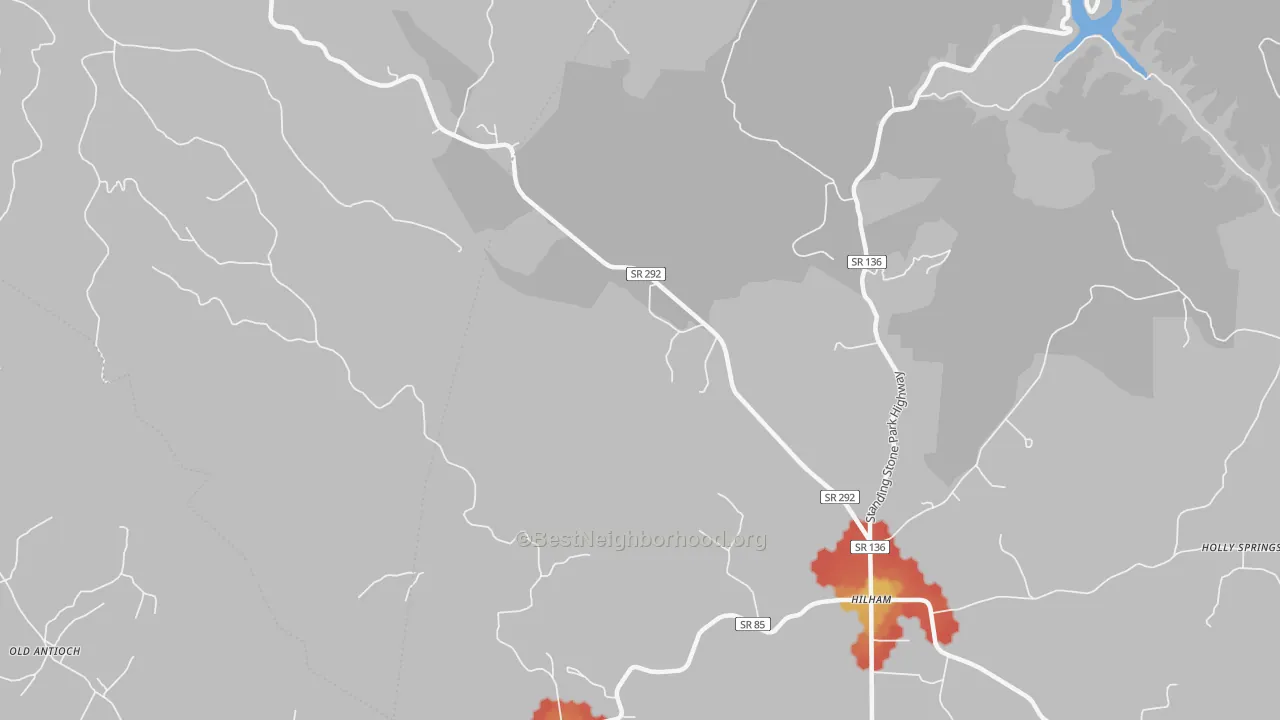 Walk Grade map of Timothy, TN, walkable areas in green and car-dependent areas in red
