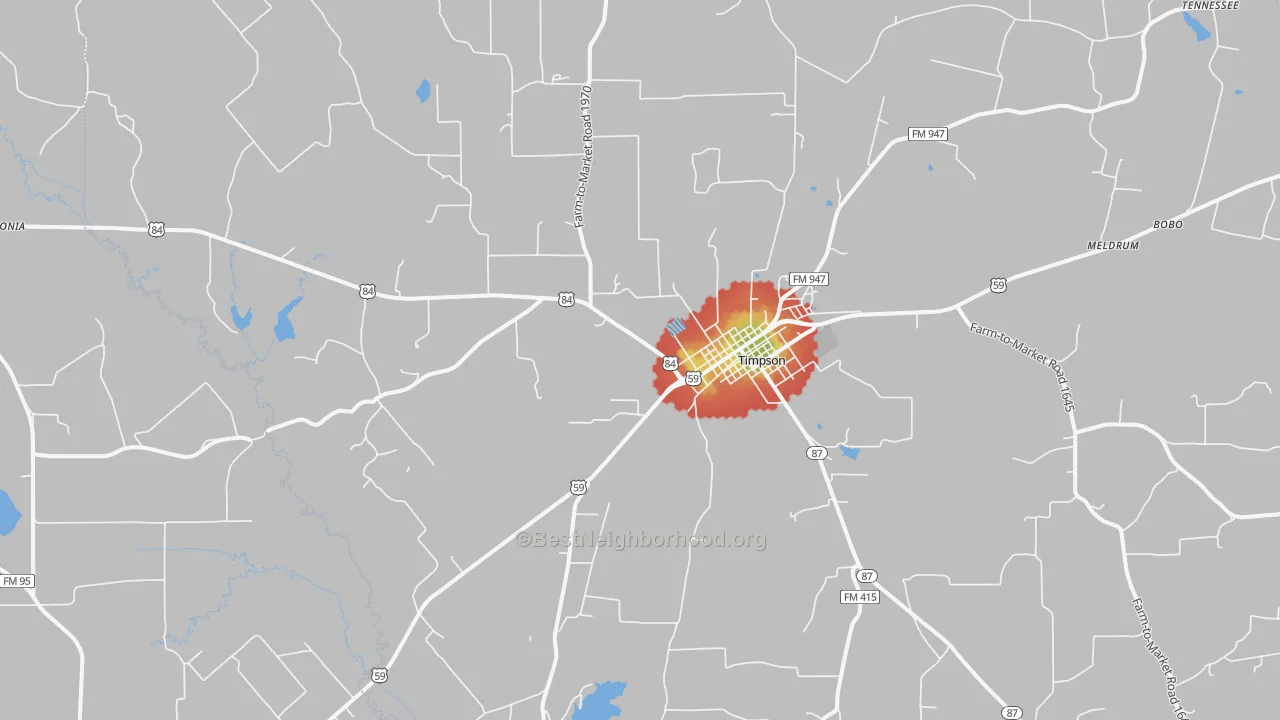 Walk Grade map of Timpson, TX, walkable areas in green and car-dependent areas in red