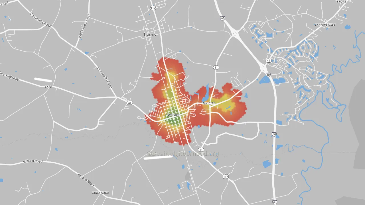 Walk Grade map of Tin City, NC, walkable areas in green and car-dependent areas in red