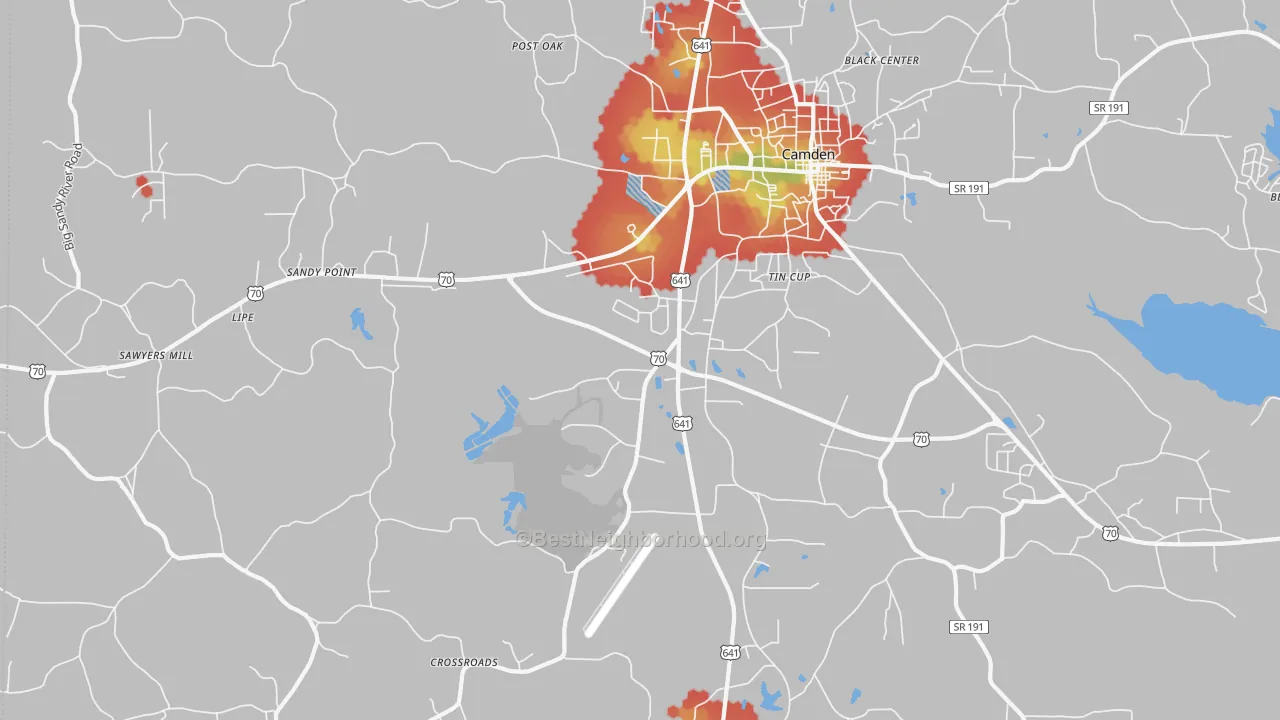 Walk Grade map of Tin Cup, TN, walkable areas in green and car-dependent areas in red
