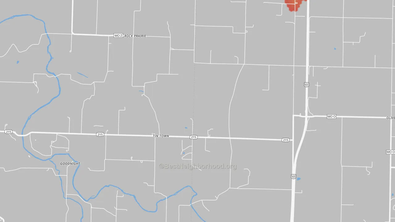 Walk Grade map of Tin Town, MO, walkable areas in green and car-dependent areas in red