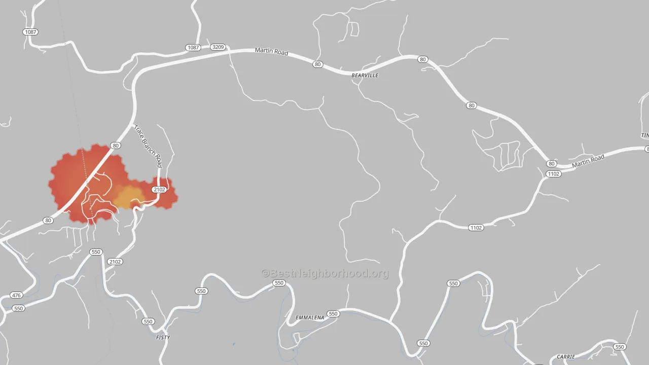 Walk Grade map of Tina, KY, walkable areas in green and car-dependent areas in red