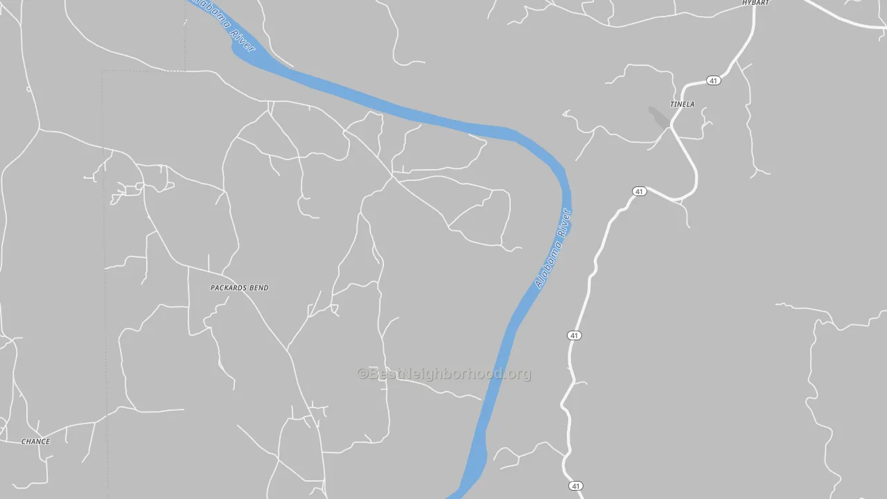 Walk Grade map of Tinela, AL, walkable areas in green and car-dependent areas in red