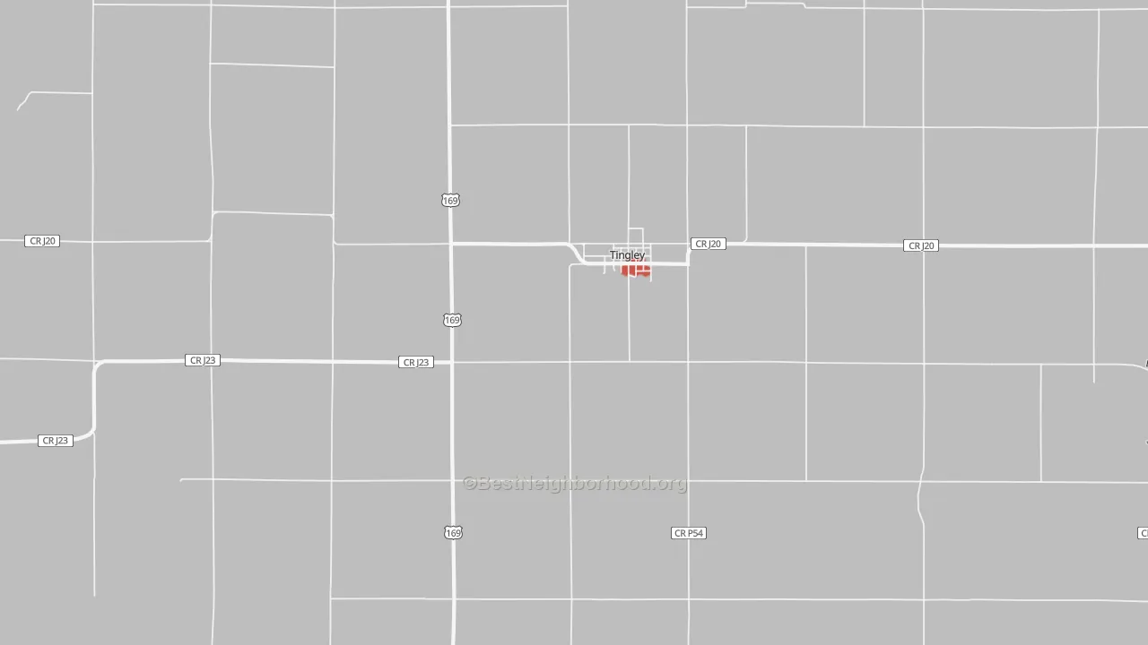 Walk Grade map of Tingley, IA, walkable areas in green and car-dependent areas in red