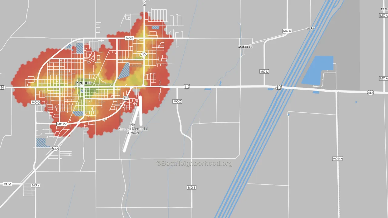 Walk Grade map of Tinkerville, MO, walkable areas in green and car-dependent areas in red