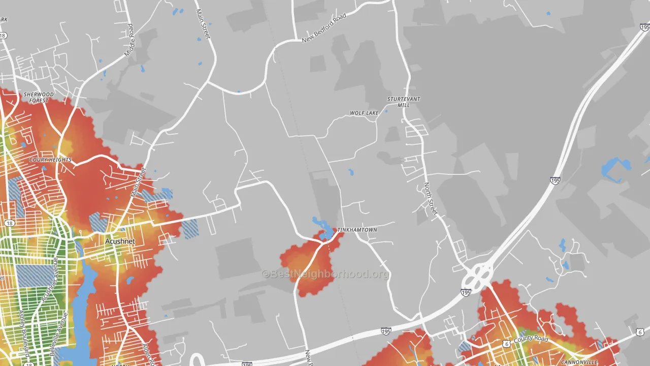 Walk Grade map of Tinkhamtown, MA, walkable areas in green and car-dependent areas in red