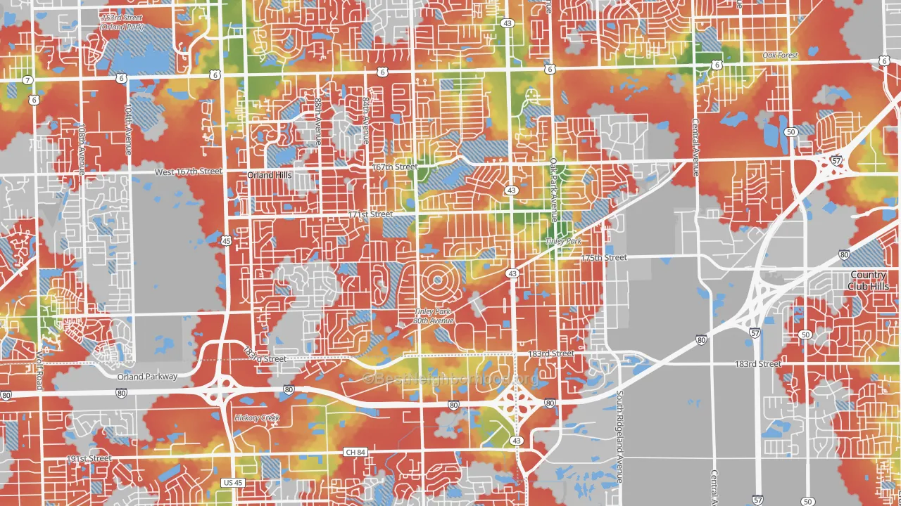 Walk Grade map of Tinley Park, IL, walkable areas in green and car-dependent areas in red