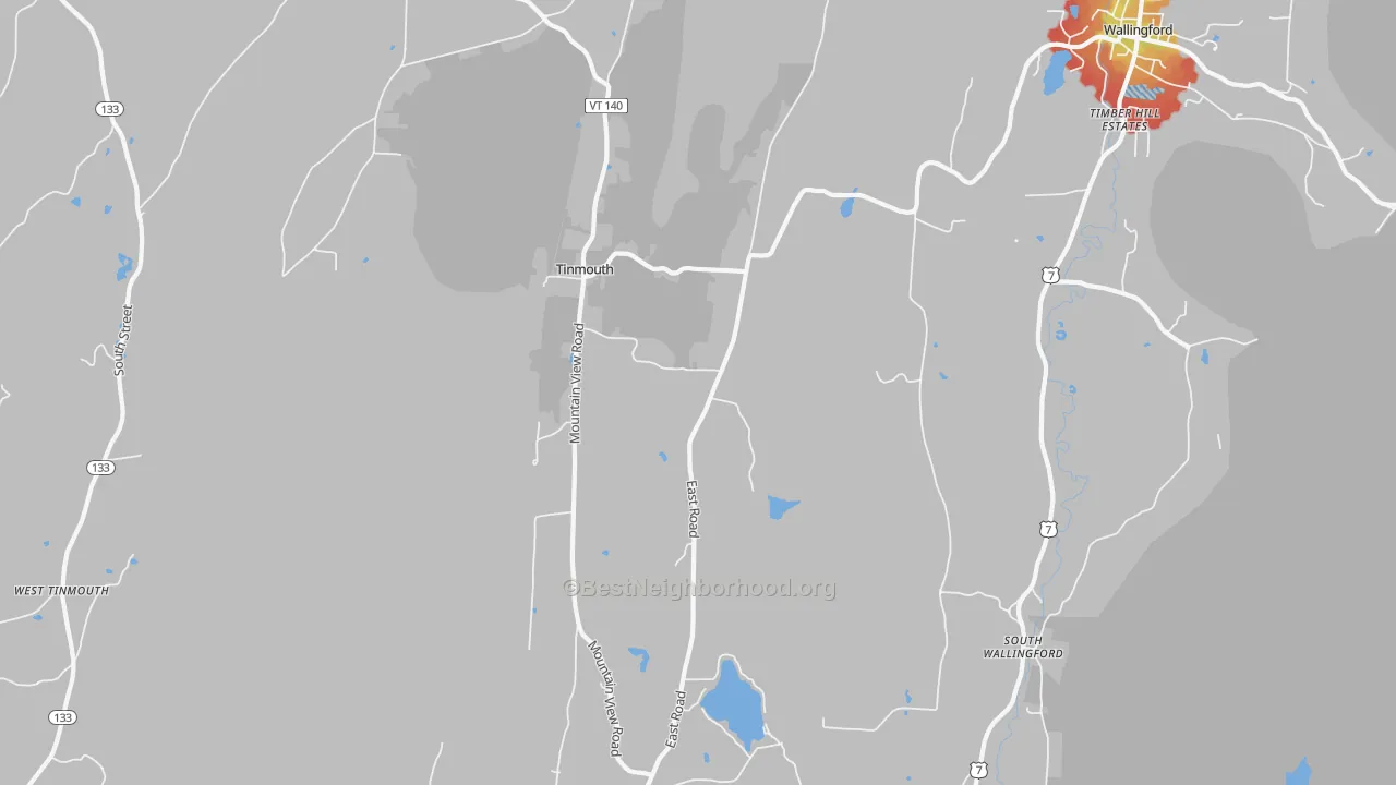 Walk Grade map of Tinmouth, VT, walkable areas in green and car-dependent areas in red