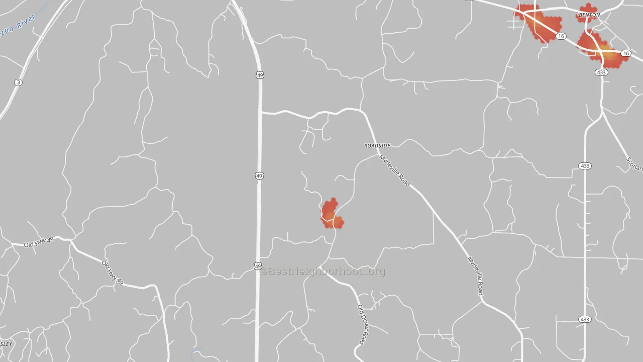 Walk Grade map of Tinsley, MS, walkable areas in green and car-dependent areas in red