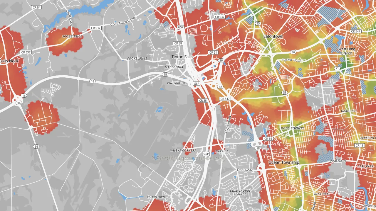 Walk Grade map of Tinton Falls, NJ, walkable areas in green and car-dependent areas in red